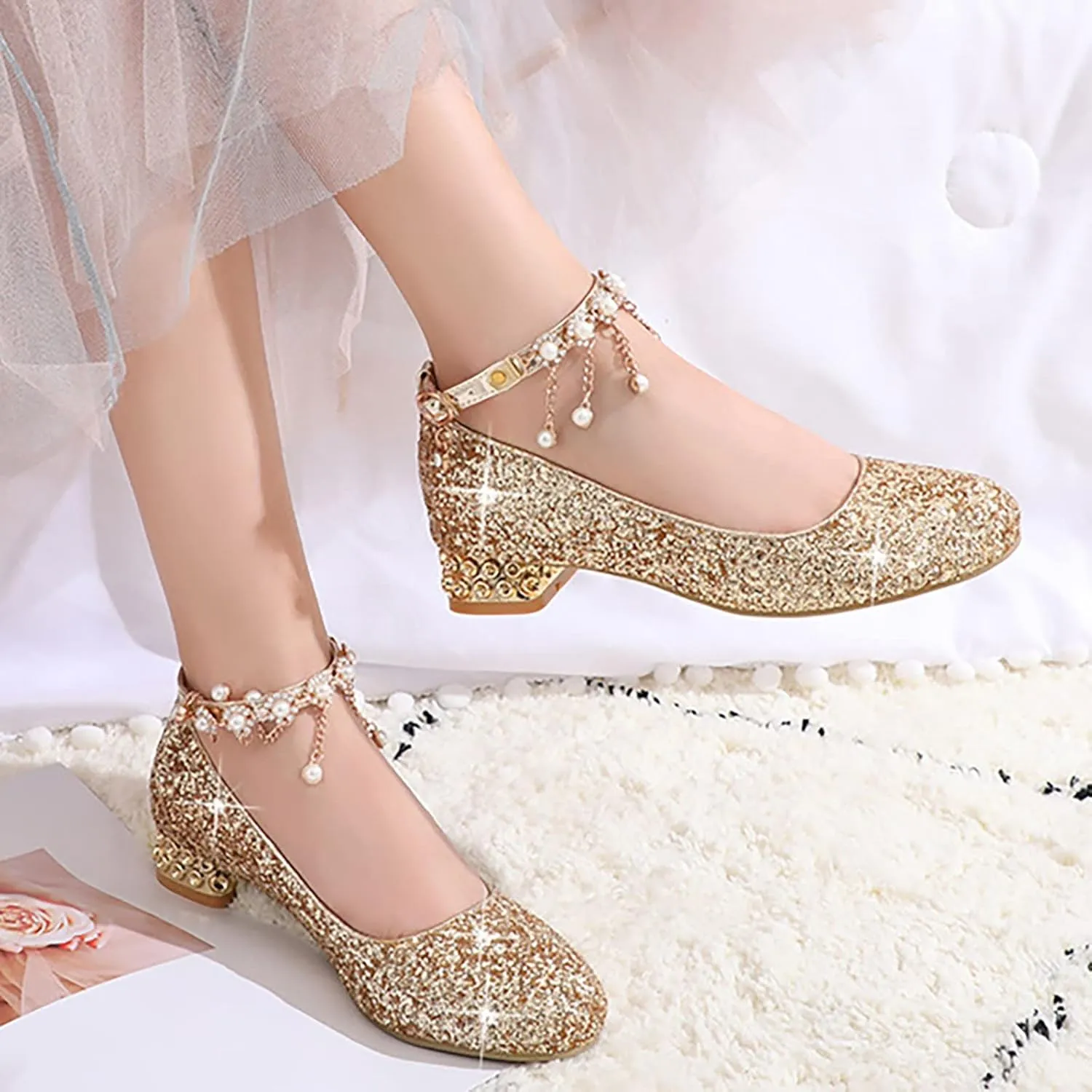 Girls Sparkly Mary Jane Low Heel Dress Shoes Bridesmaids Glitter Shiny Closed Bunny Slippers for Girls Size 13