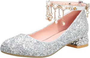 Girls Sparkly Mary Jane Low Heel Dress Shoes Bridesmaids Glitter Shiny Closed Bunny Slippers for Girls Size 13