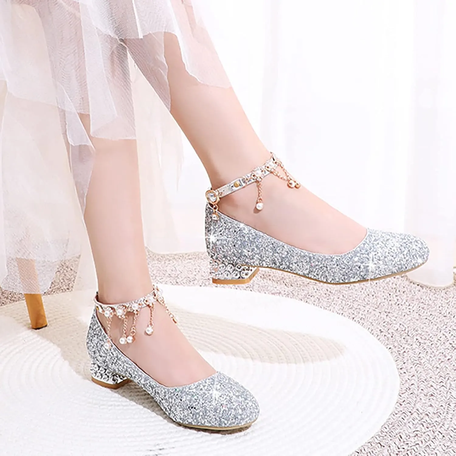 Girls Sparkly Mary Jane Low Heel Dress Shoes Bridesmaids Glitter Shiny Closed Bunny Slippers for Girls Size 13