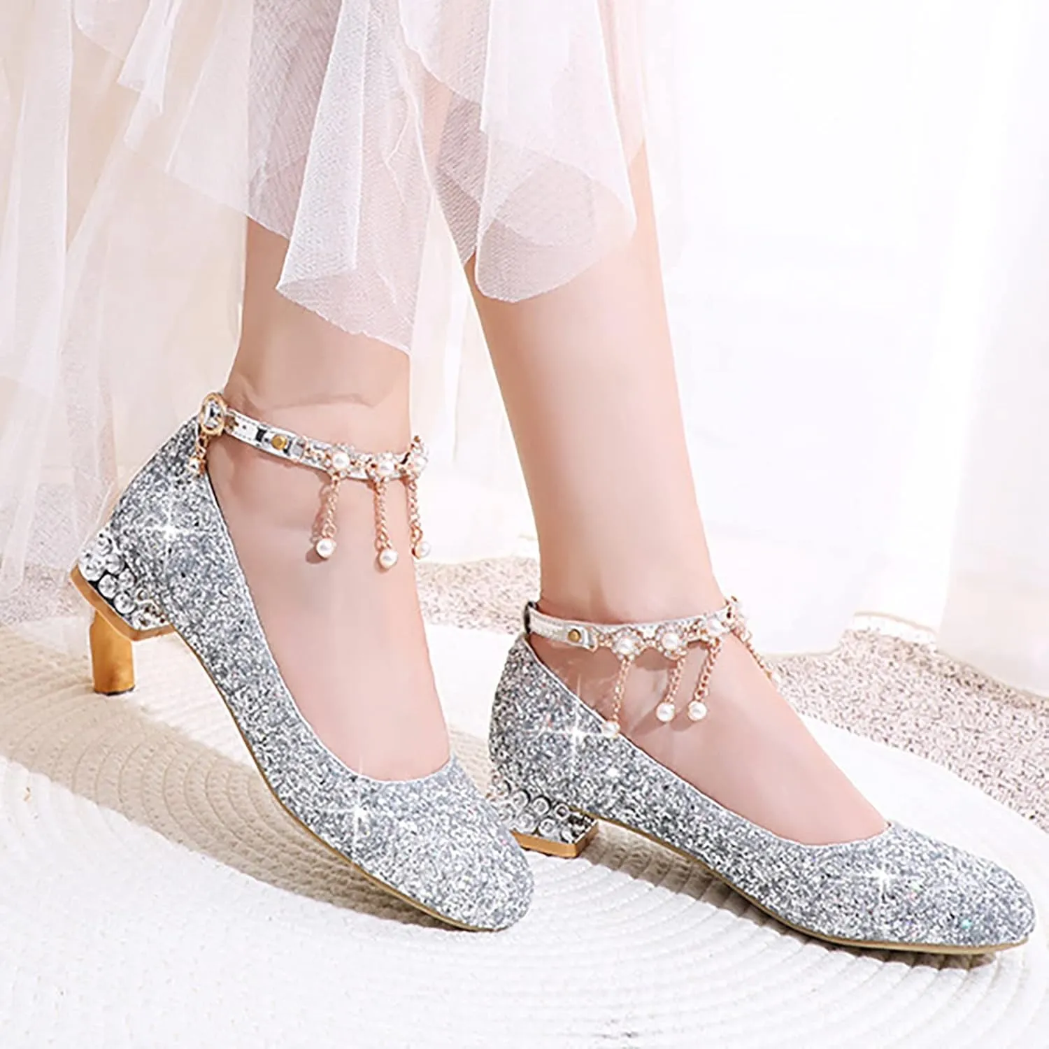Girls Sparkly Mary Jane Low Heel Dress Shoes Bridesmaids Glitter Shiny Closed Bunny Slippers for Girls Size 13