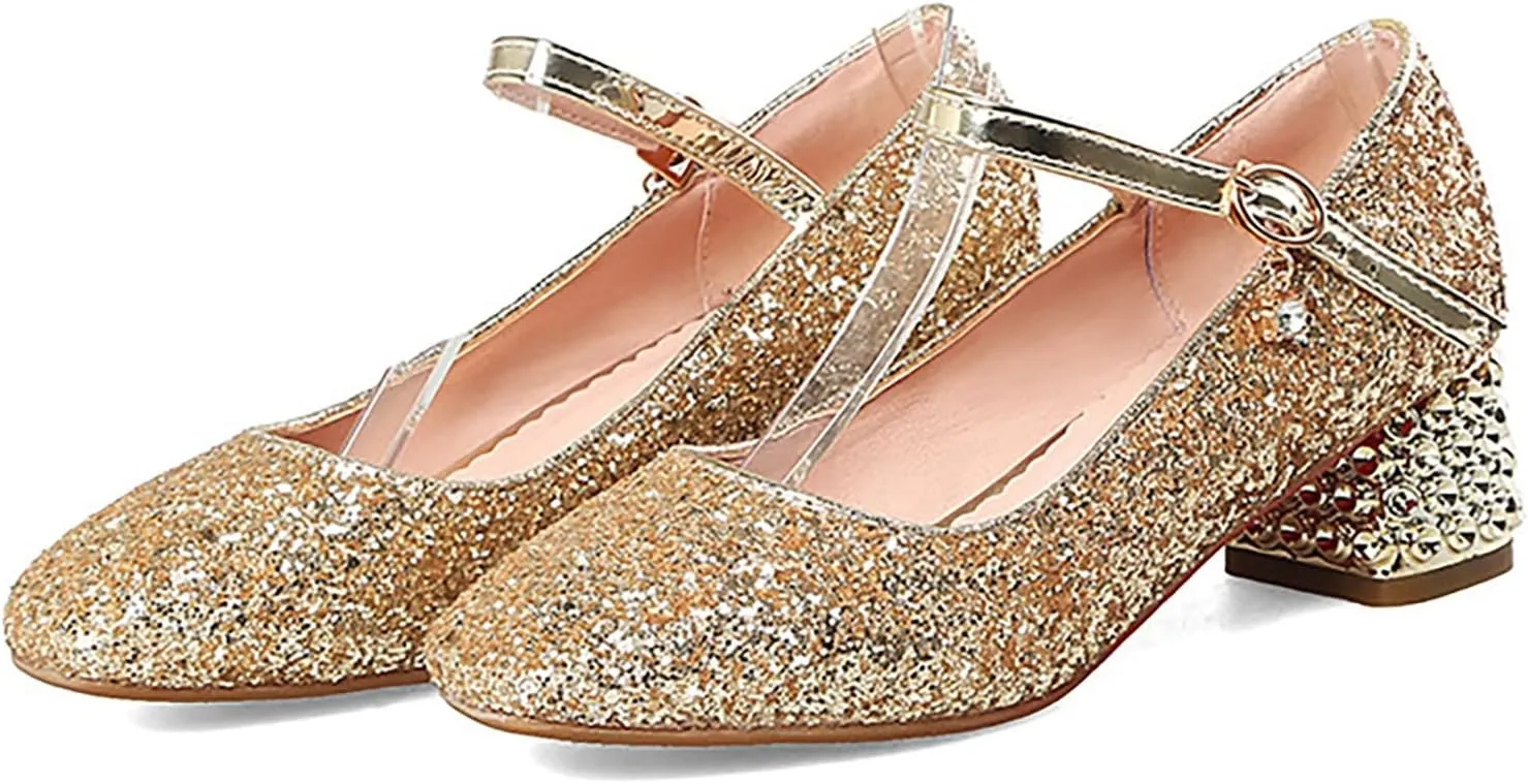 Girls Sparkly Mary Jane Low Heel Dress Shoes Bridesmaids Princess Glitter Shiny Closed Toe Wedding Pary Shoes