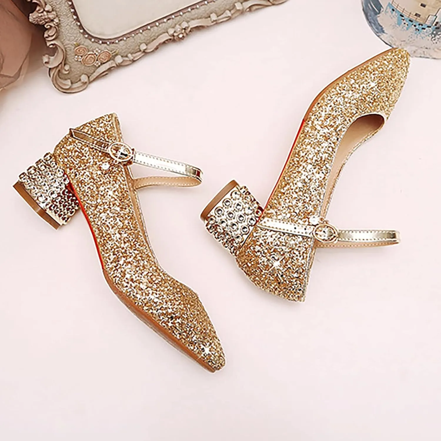 Girls Sparkly Mary Jane Low Heel Dress Shoes Bridesmaids Princess Glitter Shiny Closed Toe Wedding Pary Shoes