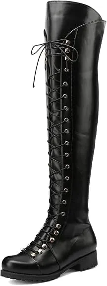 Halloween Boots for Women Lace Up Low Heel Knee High Boots Medieval Retro Combat Boots Fashion Chunky Heel Side Zipper Boots