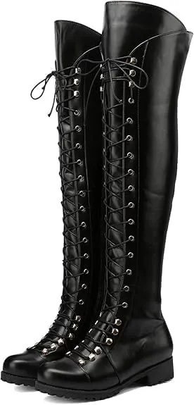 Halloween Boots for Women Lace Up Low Heel Knee High Boots Medieval Retro Combat Boots Fashion Chunky Heel Side Zipper Boots