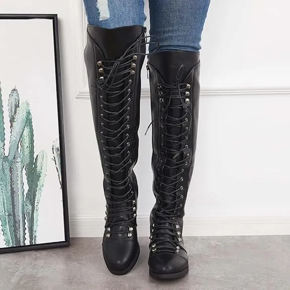 Halloween Boots for Women Lace Up Low Heel Knee High Boots Medieval Retro Combat Boots Fashion Chunky Heel Side Zipper Boots