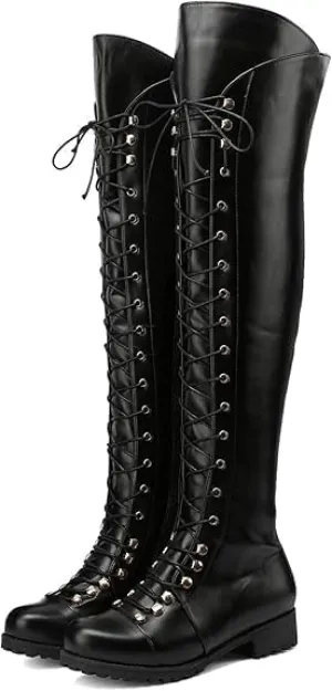 Halloween Boots for Women Lace Up Low Heel Knee High Boots Medieval Retro Combat Boots Fashion Chunky Heel Side Zipper Boots