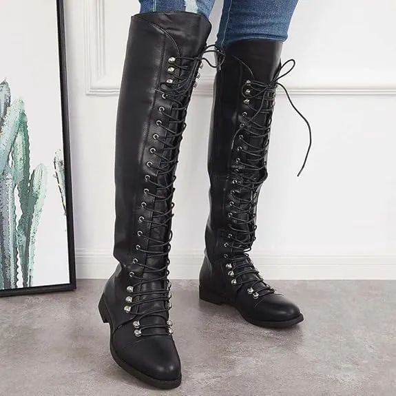 Halloween Boots for Women Lace Up Low Heel Knee High Boots Medieval Retro Combat Boots Fashion Chunky Heel Side Zipper Boots