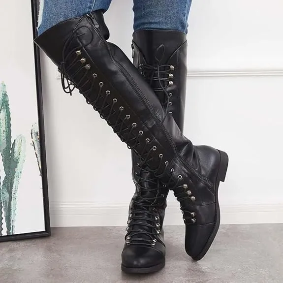 Halloween Boots for Women Lace Up Low Heel Knee High Boots Medieval Retro Combat Boots Fashion Chunky Heel Side Zipper Boots