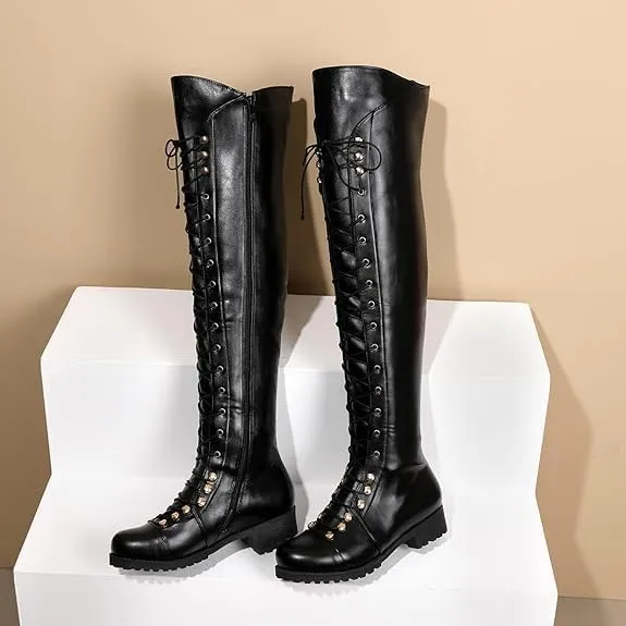 Halloween Boots for Women Lace Up Low Heel Knee High Boots Medieval Retro Combat Boots Fashion Chunky Heel Side Zipper Boots
