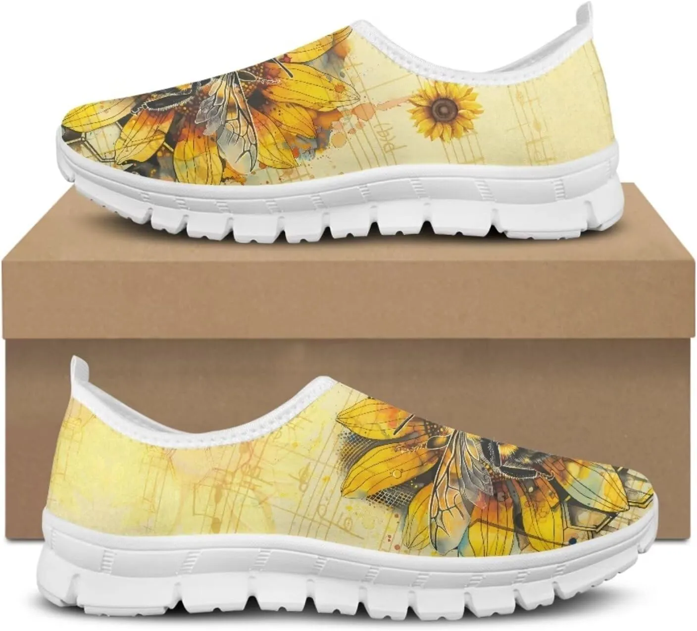 Jeiento Yellow Sunflowers Butterfly Loafers for Women Slip on Casual Walking Shoes