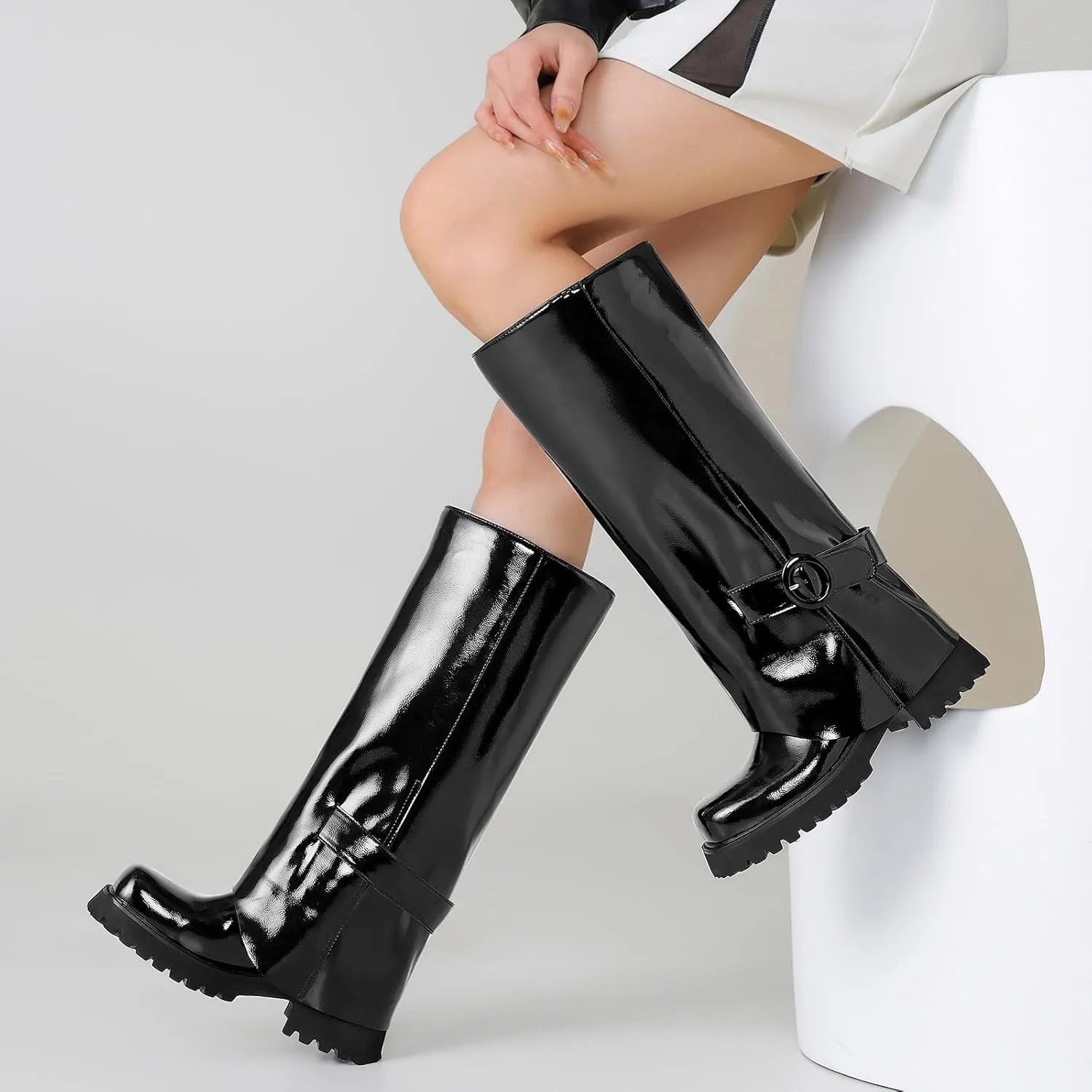 Knee High Boots Women Platform Knee High Boots for Women Square Toe Fold Over Dress Long Tall Boots