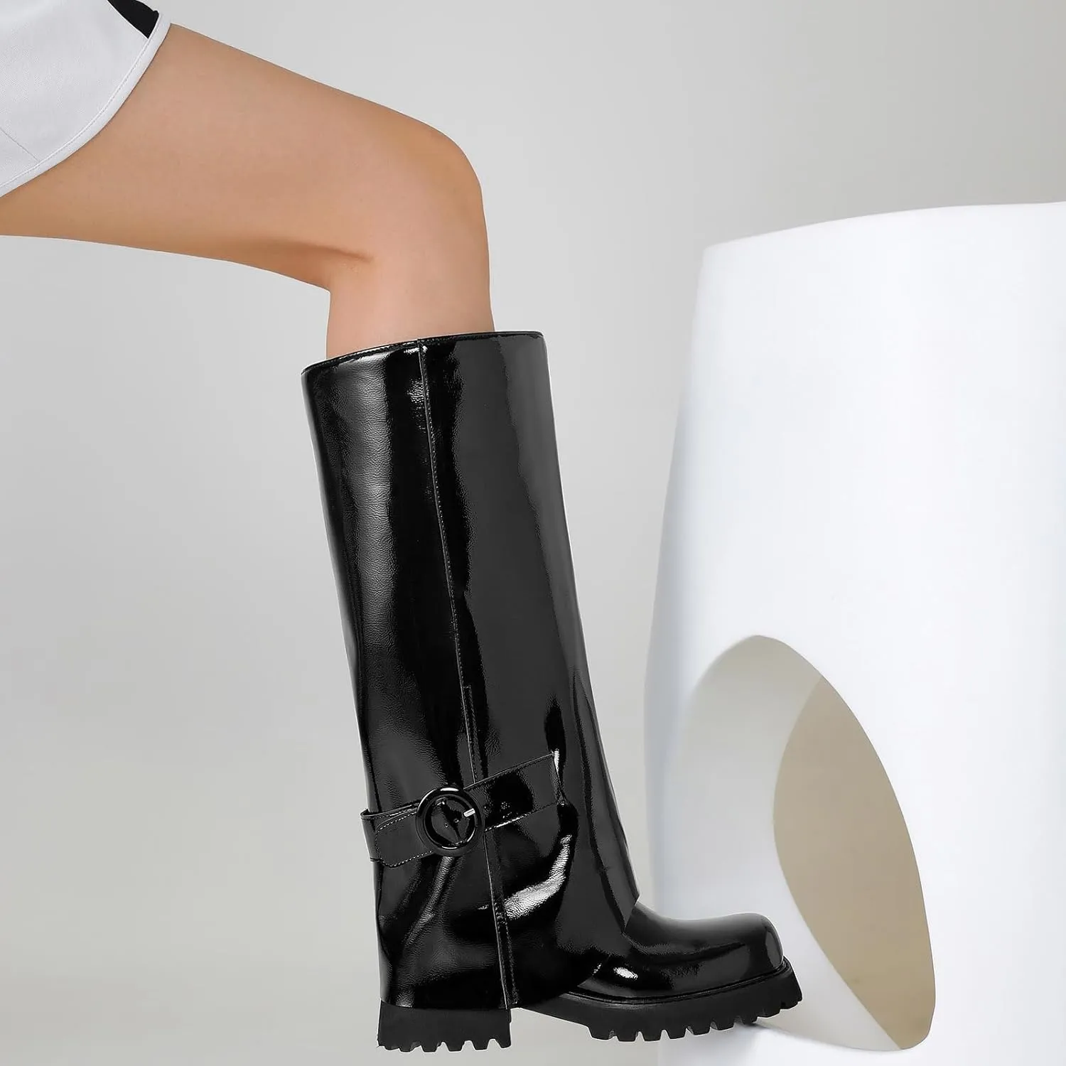 Knee High Boots Women Platform Knee High Boots for Women Square Toe Fold Over Dress Long Tall Boots