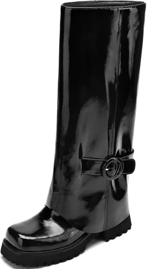 Knee High Boots Women Platform Knee High Boots for Women Square Toe Fold Over Dress Long Tall Boots