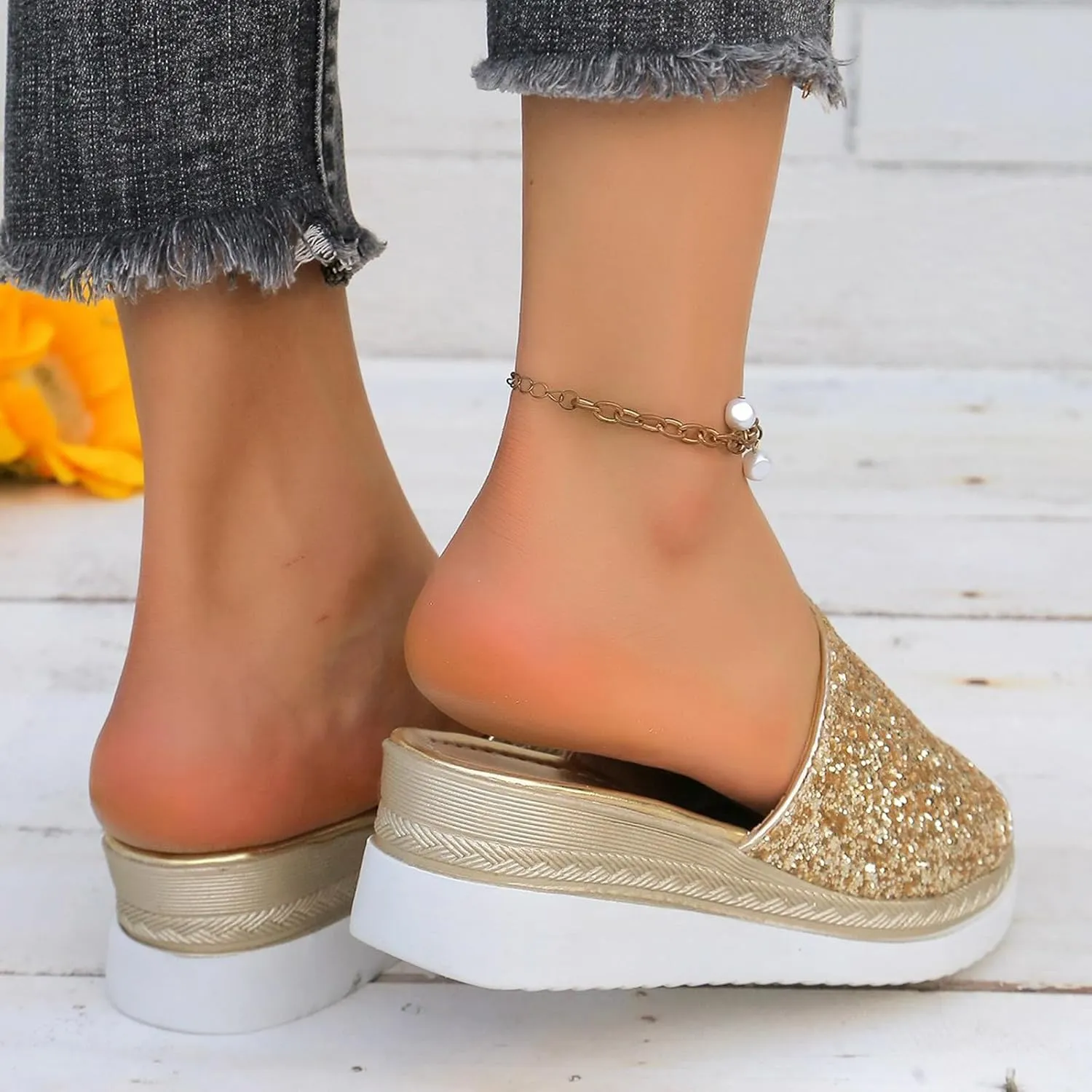 Ladies Rhinestone Shiny Beach Outside Wear Slope Heel Big Size Sandals Slippers Vegan Women's Shoes