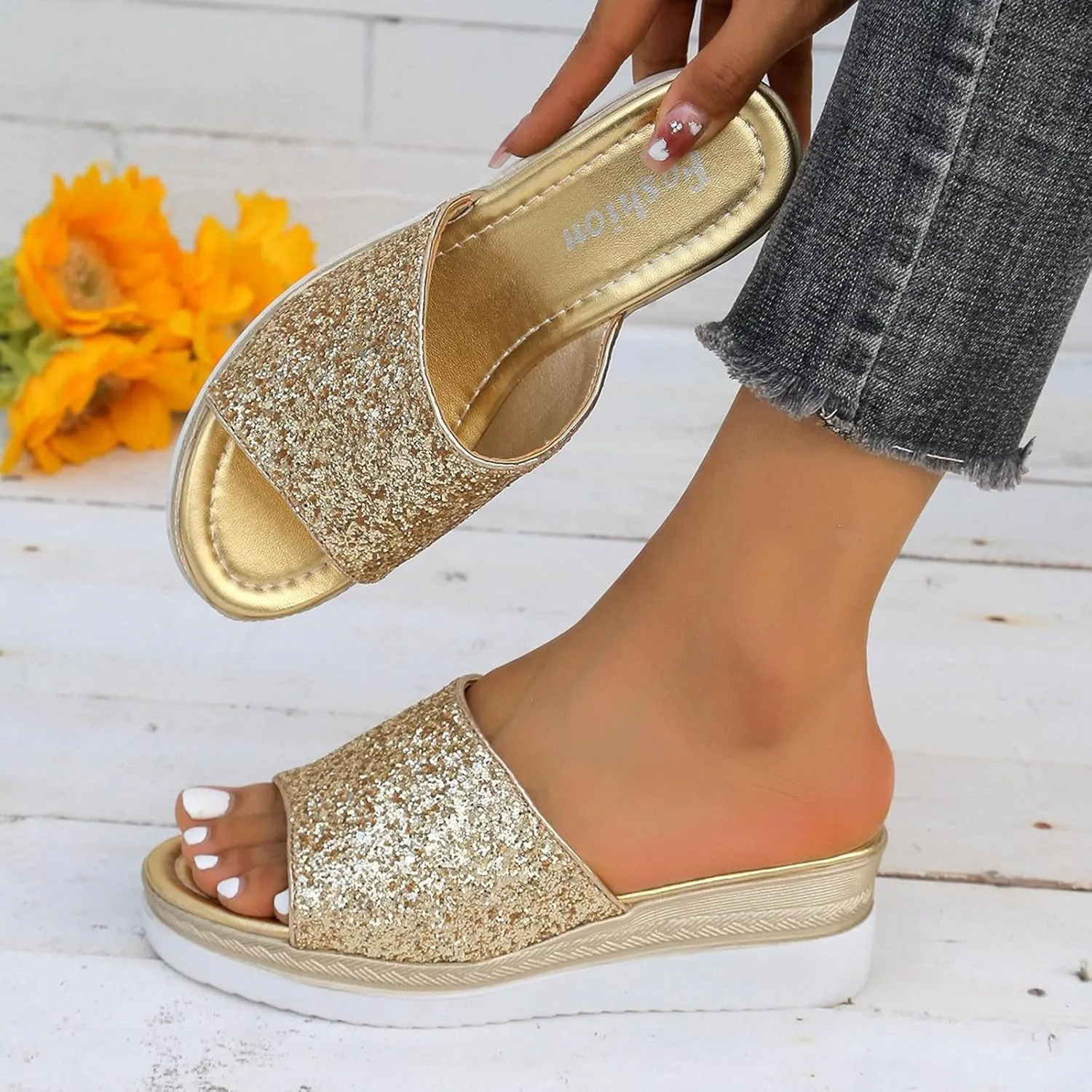 Ladies Rhinestone Shiny Beach Outside Wear Slope Heel Big Size Sandals Slippers Vegan Women's Shoes