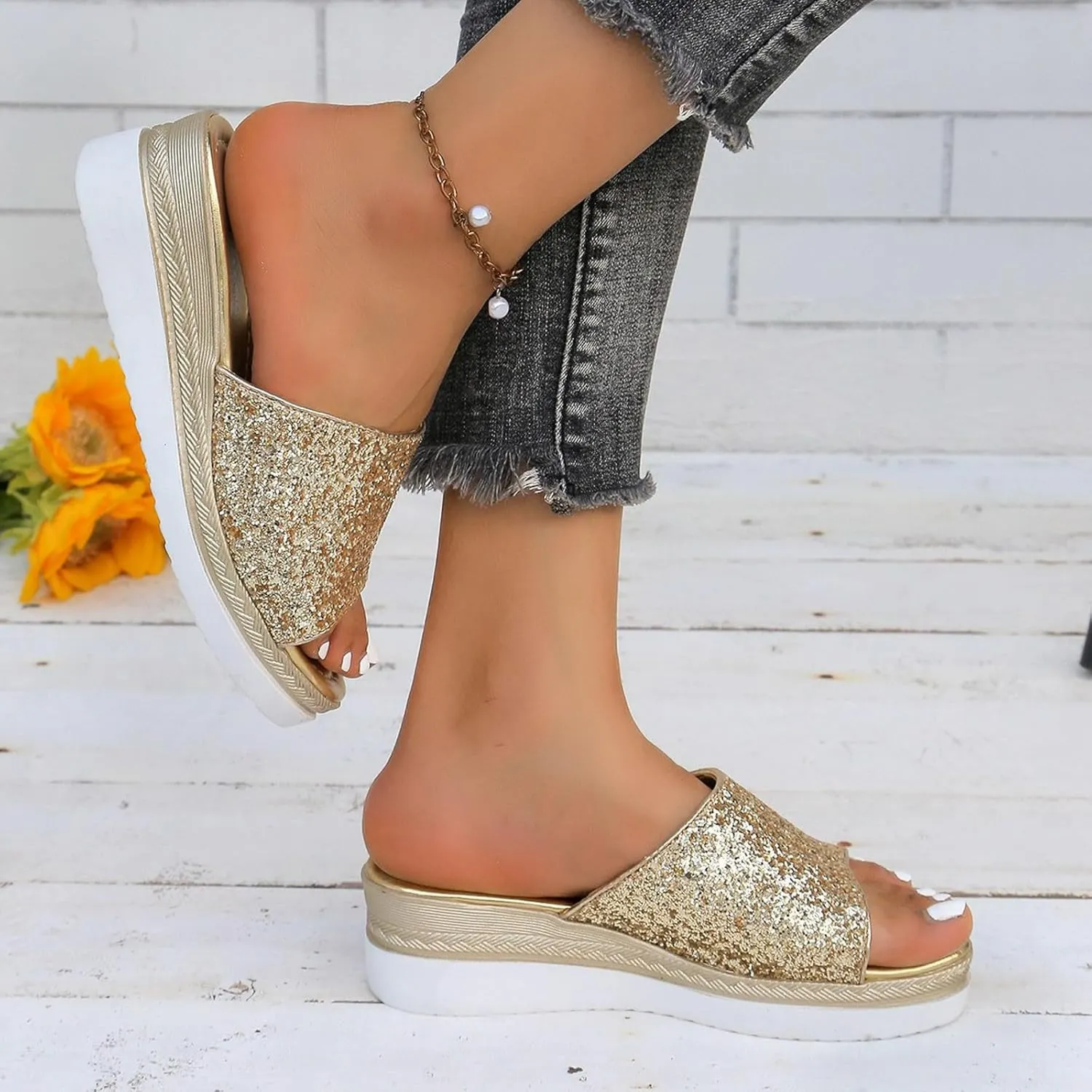 Ladies Rhinestone Shiny Beach Outside Wear Slope Heel Big Size Sandals Slippers Vegan Women's Shoes
