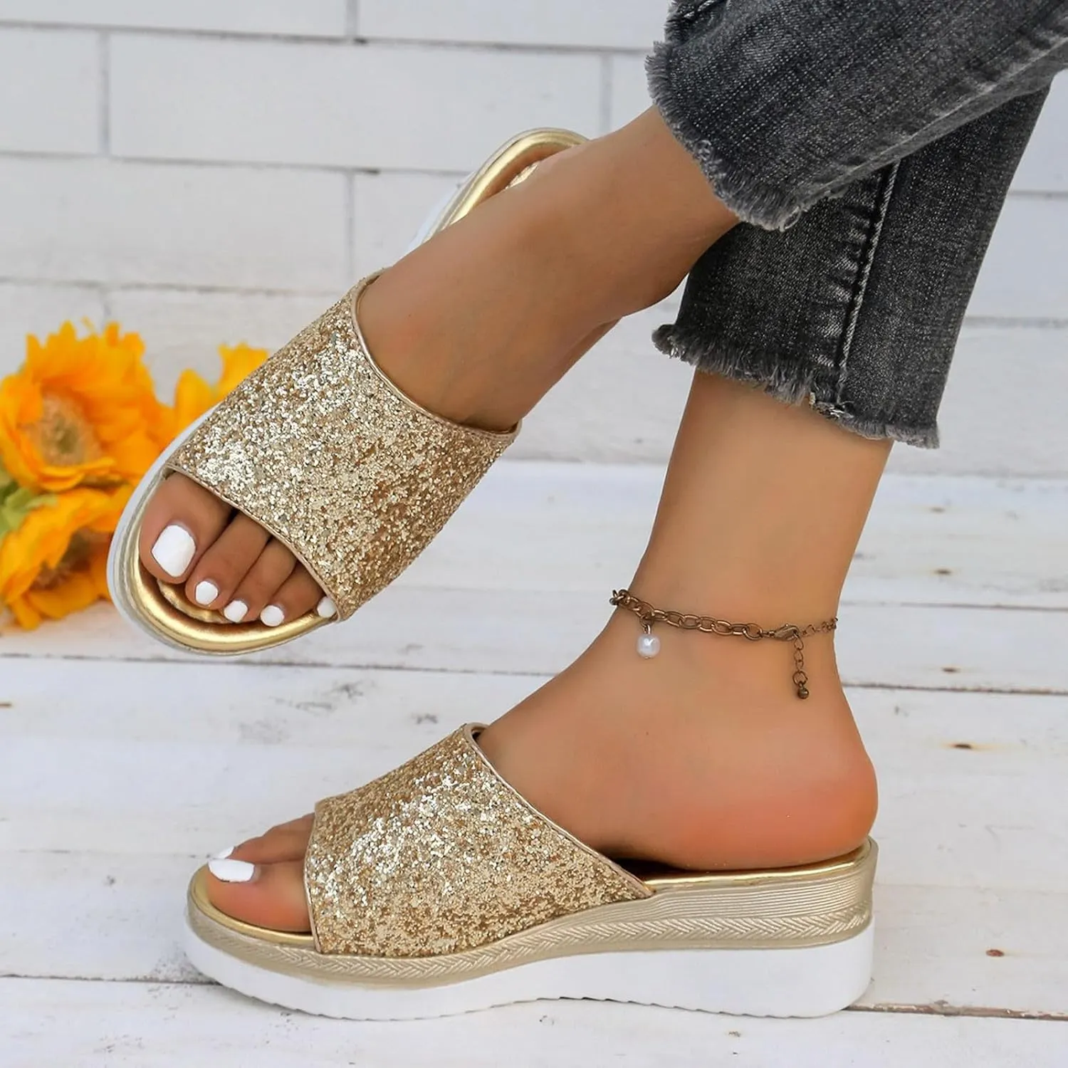 Ladies Rhinestone Shiny Beach Outside Wear Slope Heel Big Size Sandals Slippers Vegan Women's Shoes