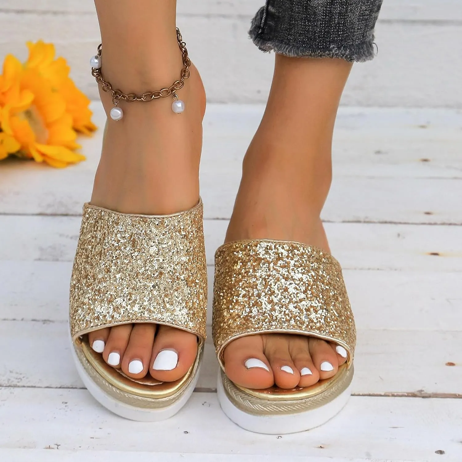 Ladies Rhinestone Shiny Beach Outside Wear Slope Heel Big Size Sandals Slippers Vegan Women's Shoes