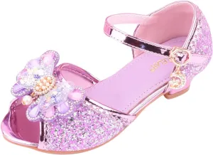 Little Girls Glitter Sandals Low Heels Shiny Dress Shoes with Bow Party Wedding Flower Girl Shoe for Toddler Kids