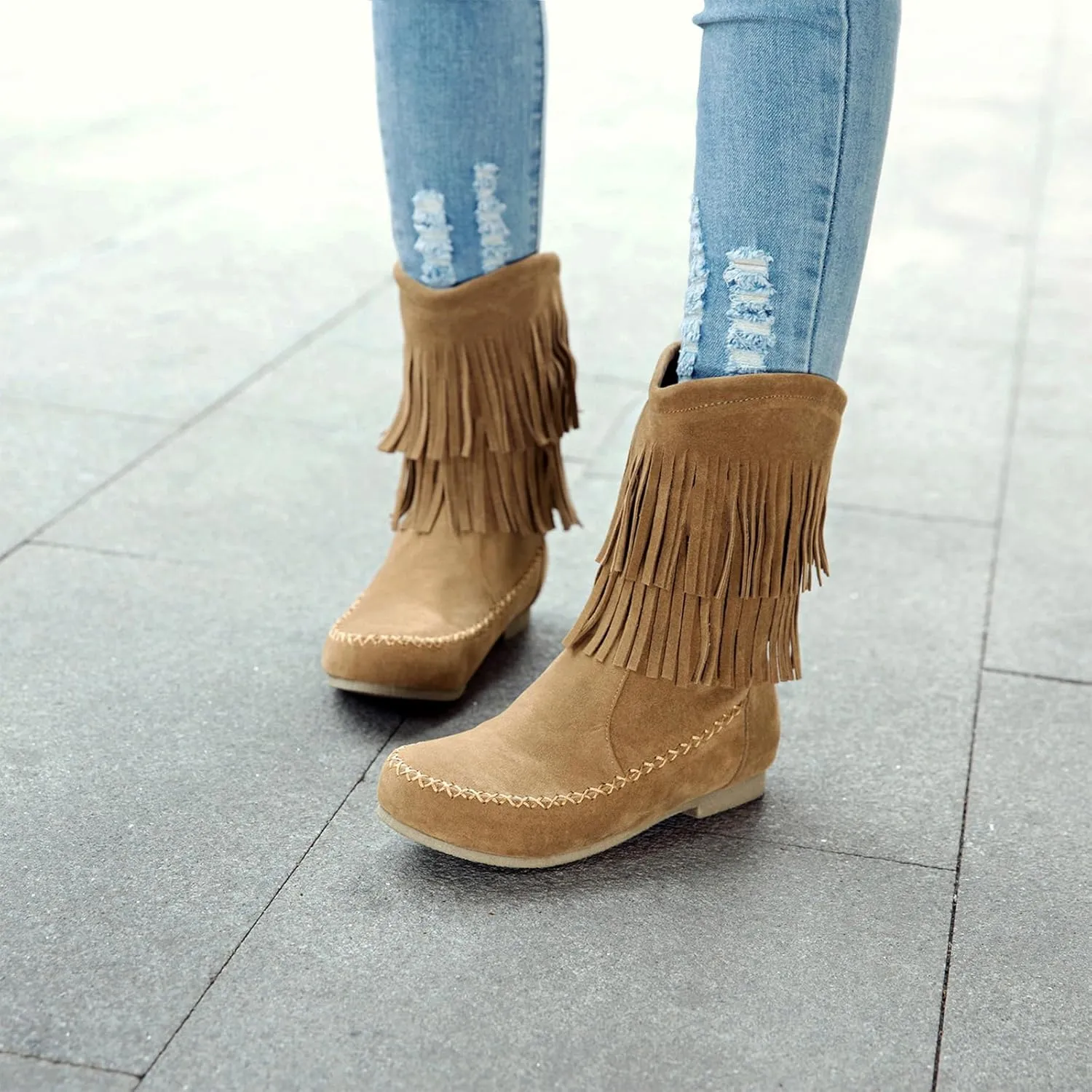 Lossarye Women's Suede Double Tassel Flat Mid-Calf Boots Comfortable Round Toe Slip-On Retro Western Short Boots Fashion Fringe Ankle Boots