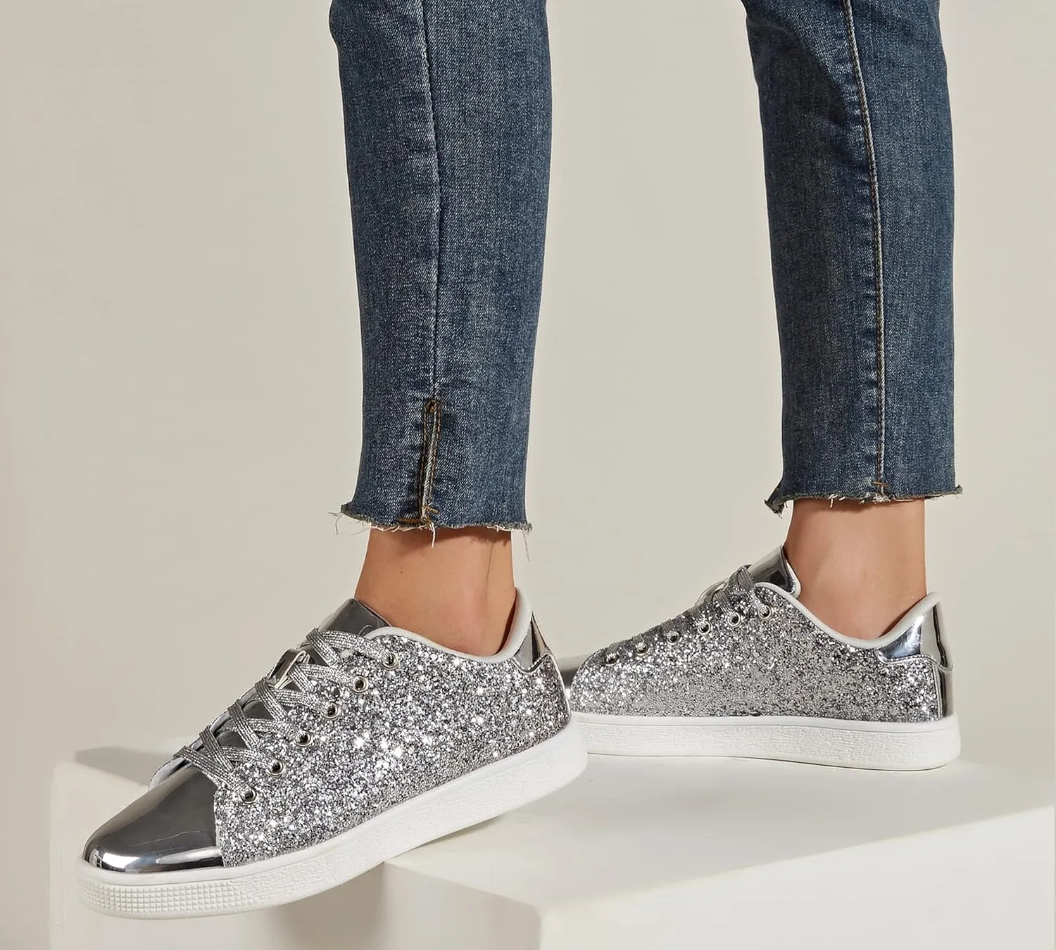 LUCKY STEP Glitter Sneakers Lace up | Fashion Sneakers | Sparkly Shoes for Women