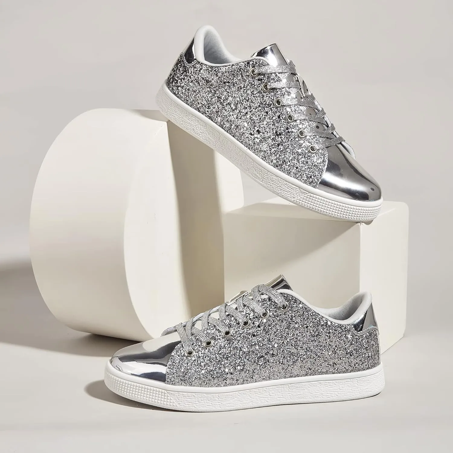 LUCKY STEP Glitter Sneakers Lace up | Fashion Sneakers | Sparkly Shoes for Women