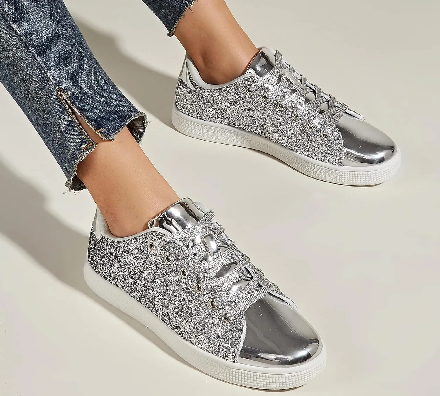 LUCKY STEP Glitter Sneakers Lace up | Fashion Sneakers | Sparkly Shoes for Women