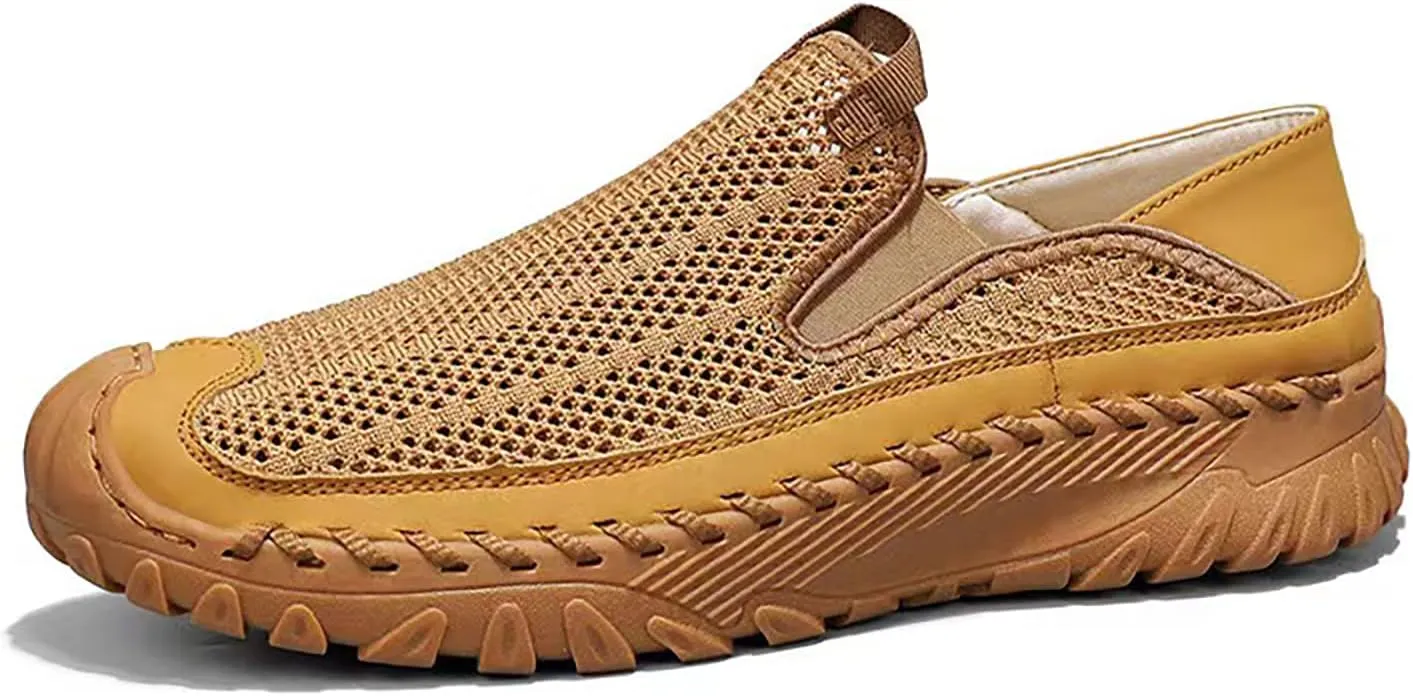 Men's Handmade Hollow Mesh Slip-On Loafers Comfortable Lightweight Breathable Closed Toe Walking Sandals Suitable for Outdoor Cross-Country Anti-Slip Hiking Sneakers