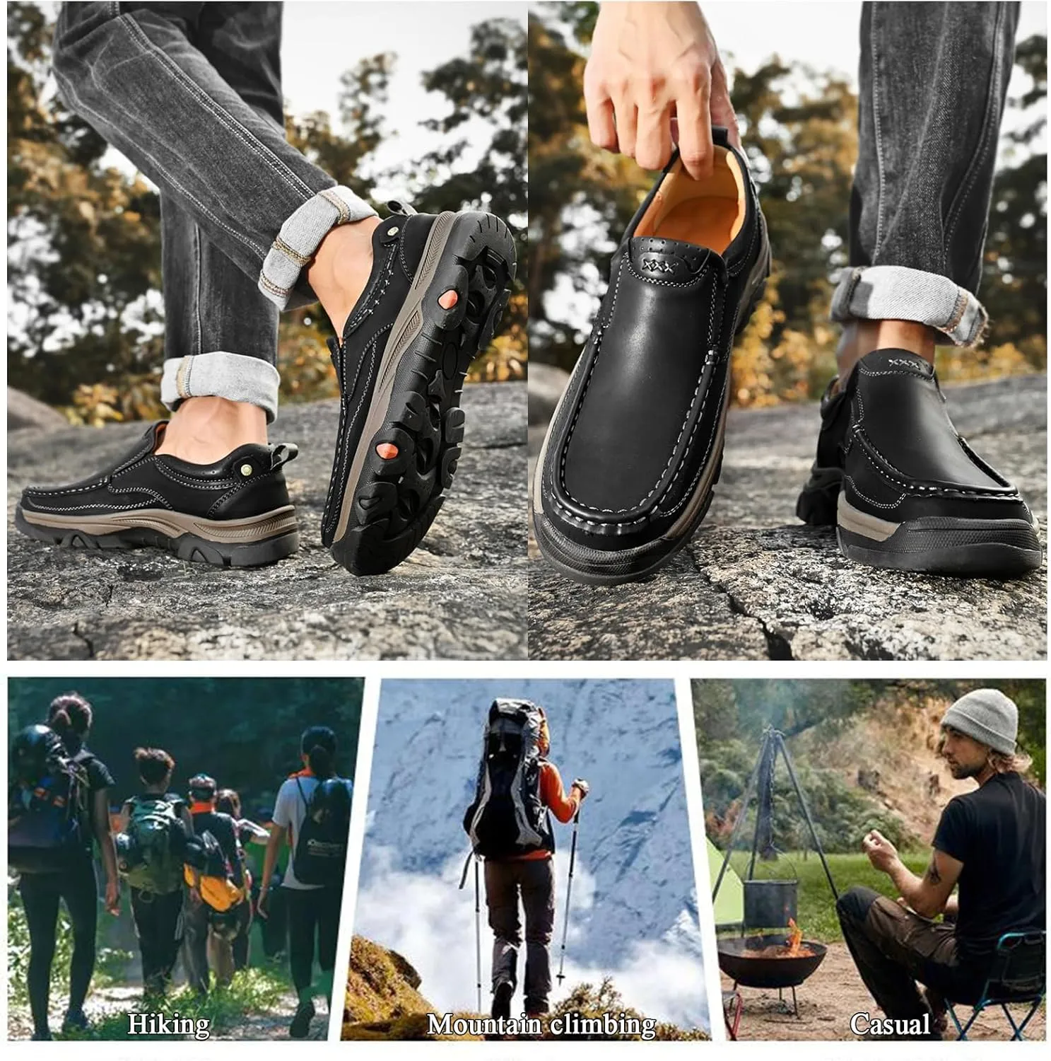 Men's Loafers Business Dress Waterproof Leather Shoes, Lightweight Breathable Mens Slip-on Casual Oxford Shoes for Wedding Travel Hiking