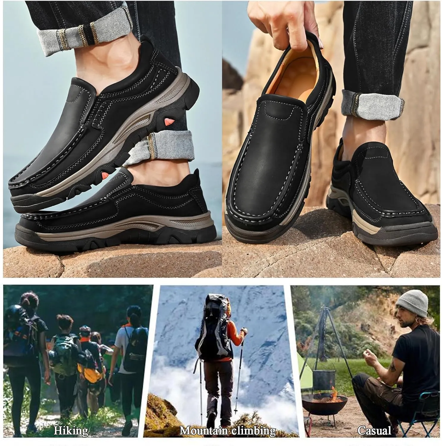 Men's Slip on Leather Loafers for Men Non Slip Waterproof Comfortable Walking Shoes, Lightweight Breathable Casual Driving Shoes