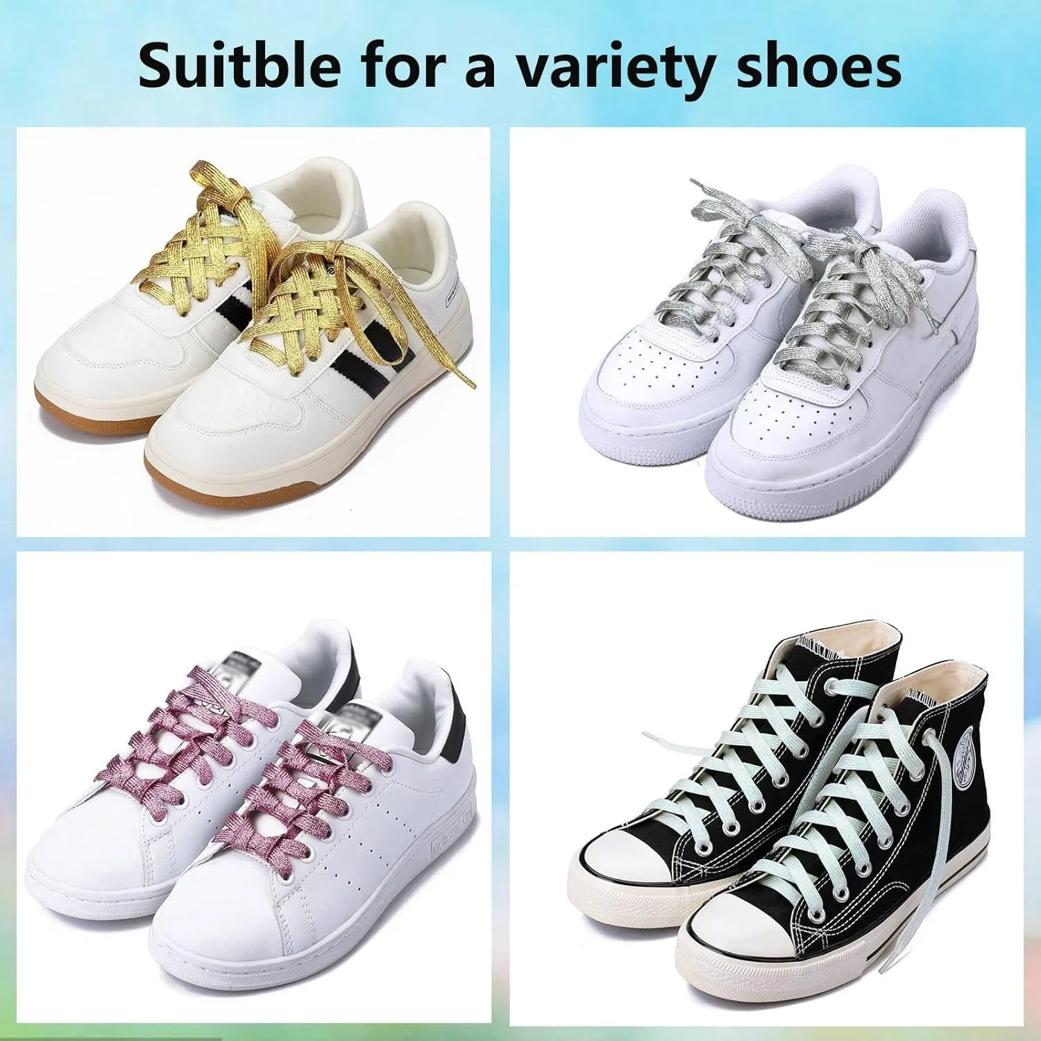 Olukssck 2 Pairs Flat Glitter Shiny Metallic Shoe Laces, Colorful Sequin Shoelaces