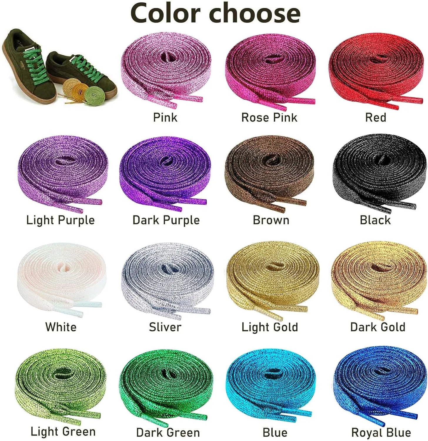 Olukssck 2 Pairs Flat Glitter Shiny Metallic Shoe Laces, Colorful Sequin Shoelaces