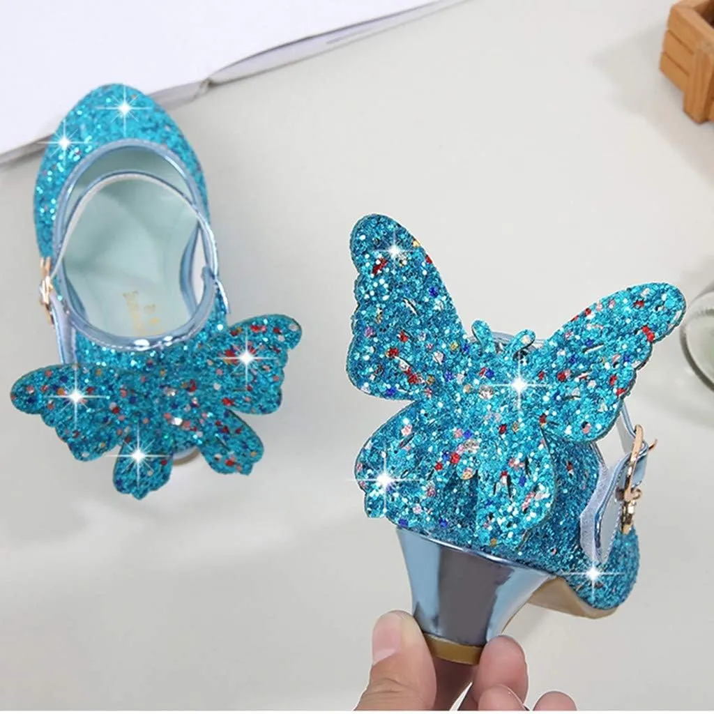 Shiny Solid Butterfly Embellished Shoe for Baby Girl Moon Hook and Loop Summer Sandals Princess Sequin Low Heel