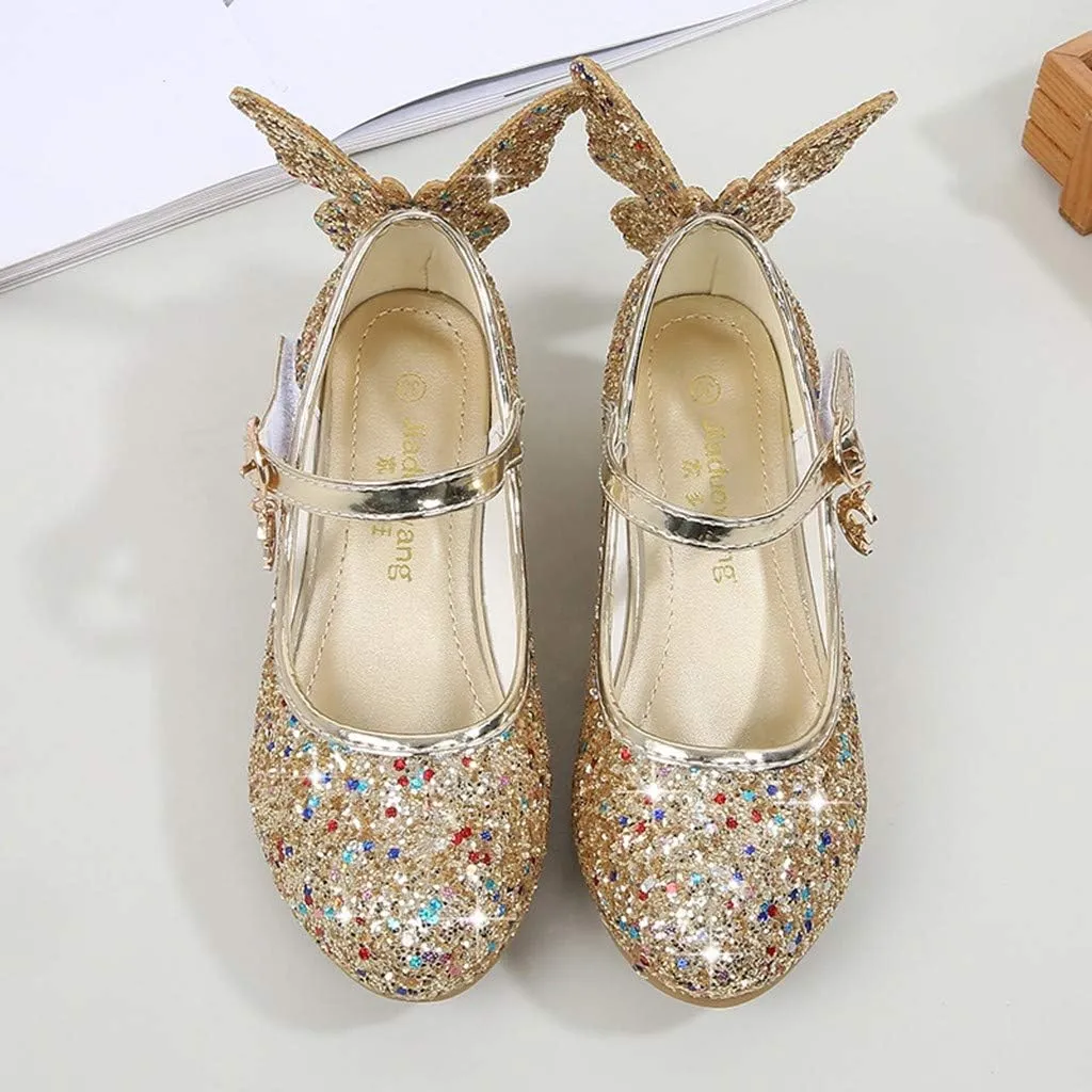 Shiny Solid Butterfly Embellished Shoe for Baby Girl Moon Hook and Loop Summer Sandals Princess Sequin Low Heel
