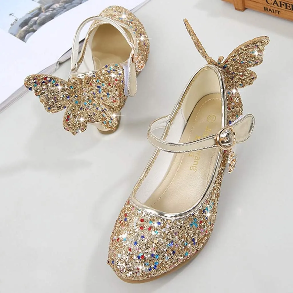 Shiny Solid Butterfly Embellished Shoe for Baby Girl Moon Hook and Loop Summer Sandals Princess Sequin Low Heel