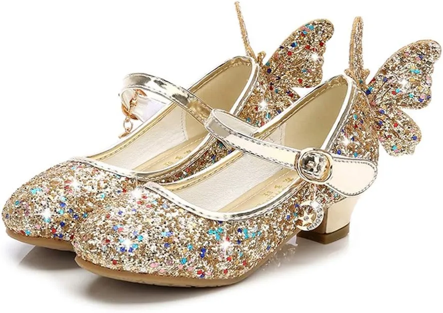 Shiny Solid Butterfly Embellished Shoe for Baby Girl Moon Hook and Loop Summer Sandals Princess Sequin Low Heel