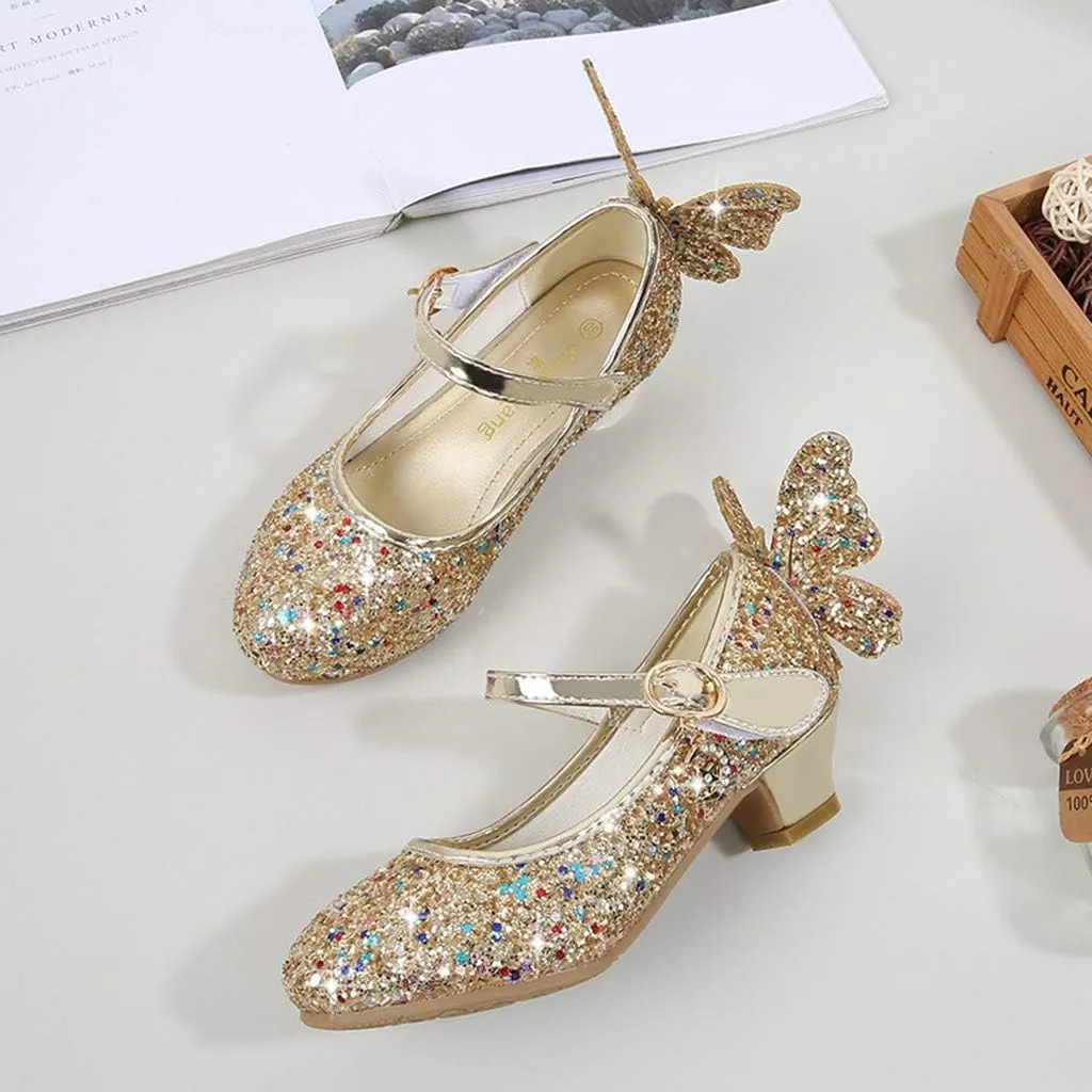 Shiny Solid Butterfly Embellished Shoe for Baby Girl Moon Hook and Loop Summer Sandals Princess Sequin Low Heel