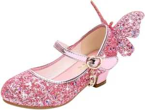 Shiny Solid Butterfly Embellished Shoe for Baby Girl Moon Hook and Loop Summer Sandals Princess Sequin Low Heel