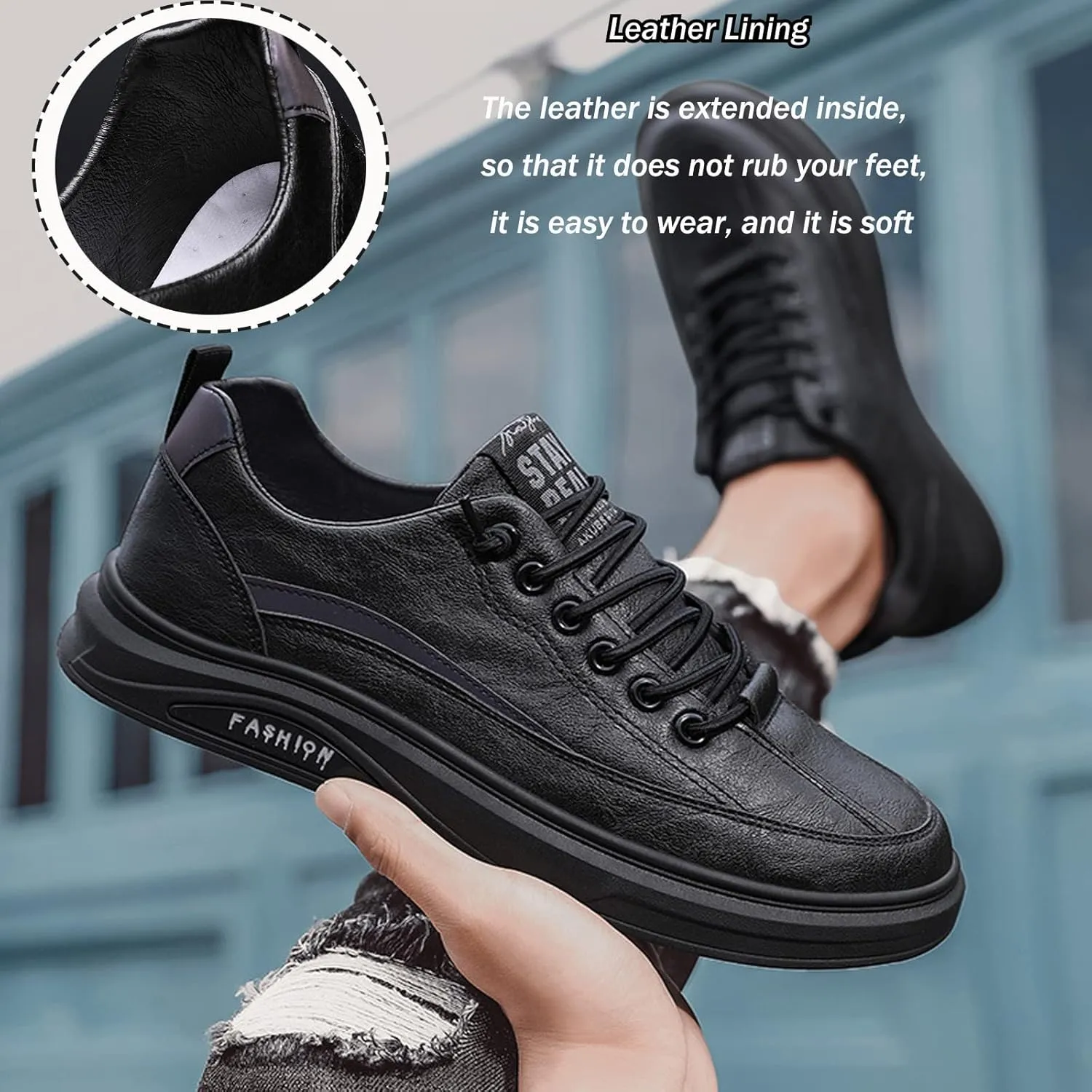 SOLPNOW Men's Leather Breathable Lace Up Ankle Flat Casual Loafers,Slip On Non Slip Breathable Comfortable Walking Hiking Shoes