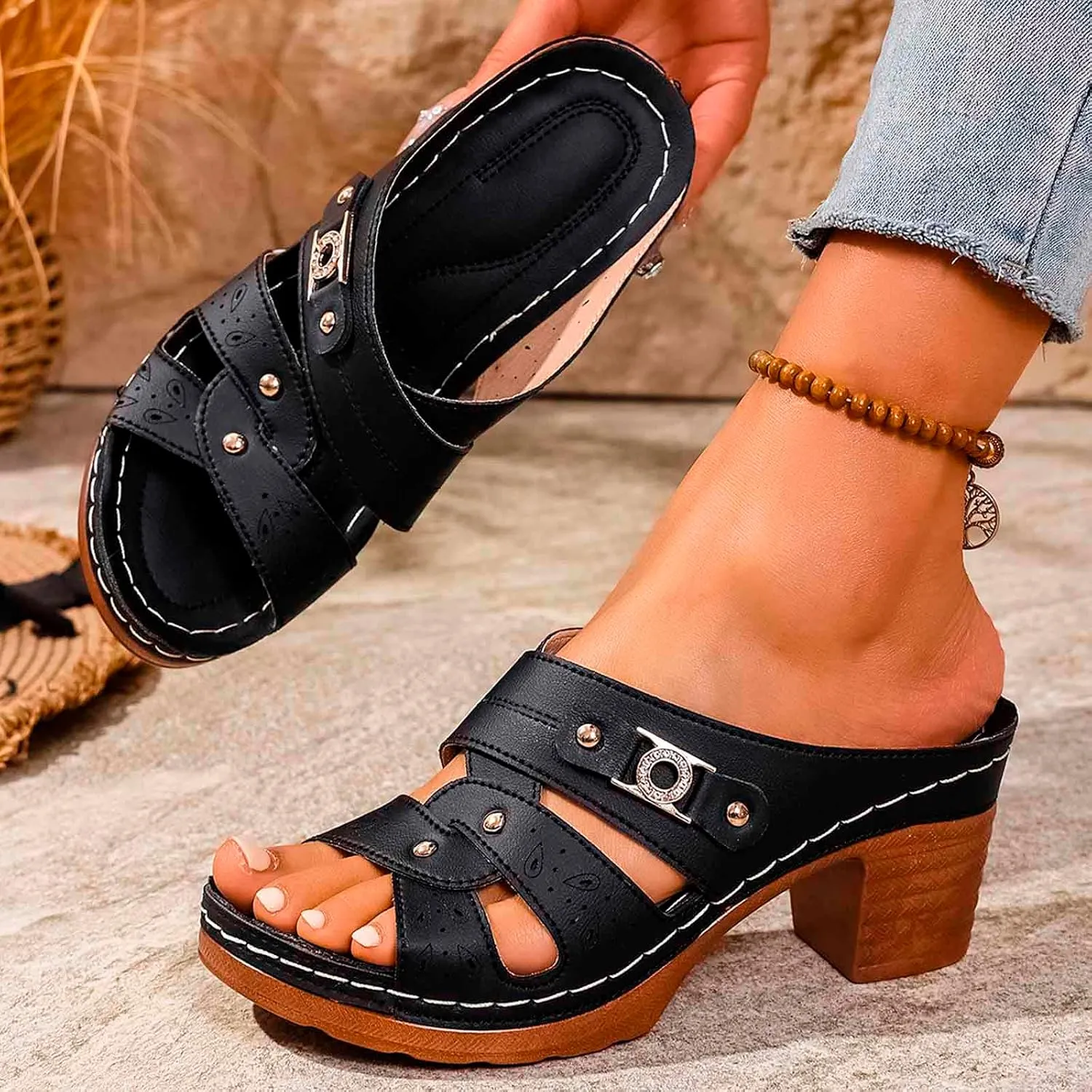 Stylish Women's Sandals for Spring Summer: Casual Open Toe Slip On Shoes, Comfortable and Lightweight with Arch