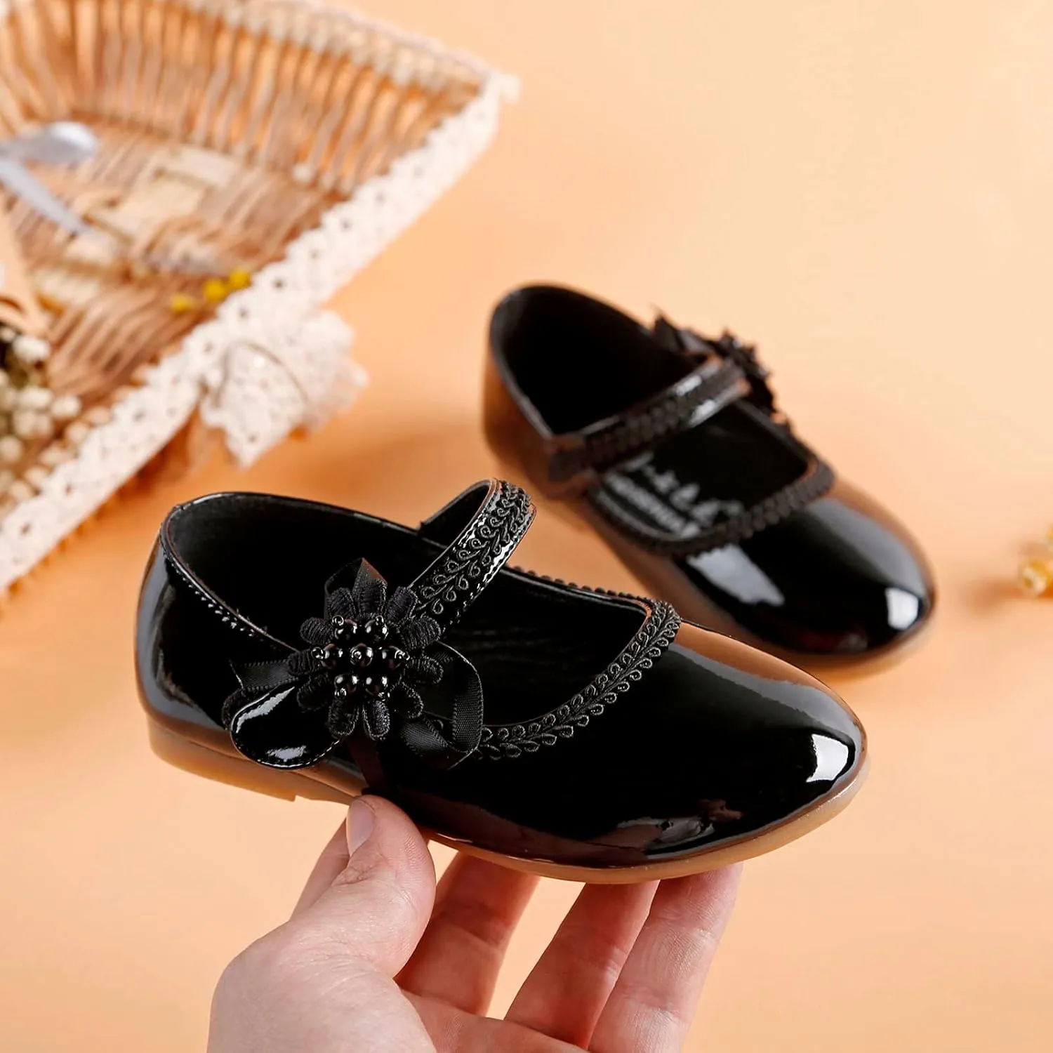 Toddler Girls Dress Shoes Mary Jane Ballet Flats Flower Girl School Party Wedding Shoes with Flower