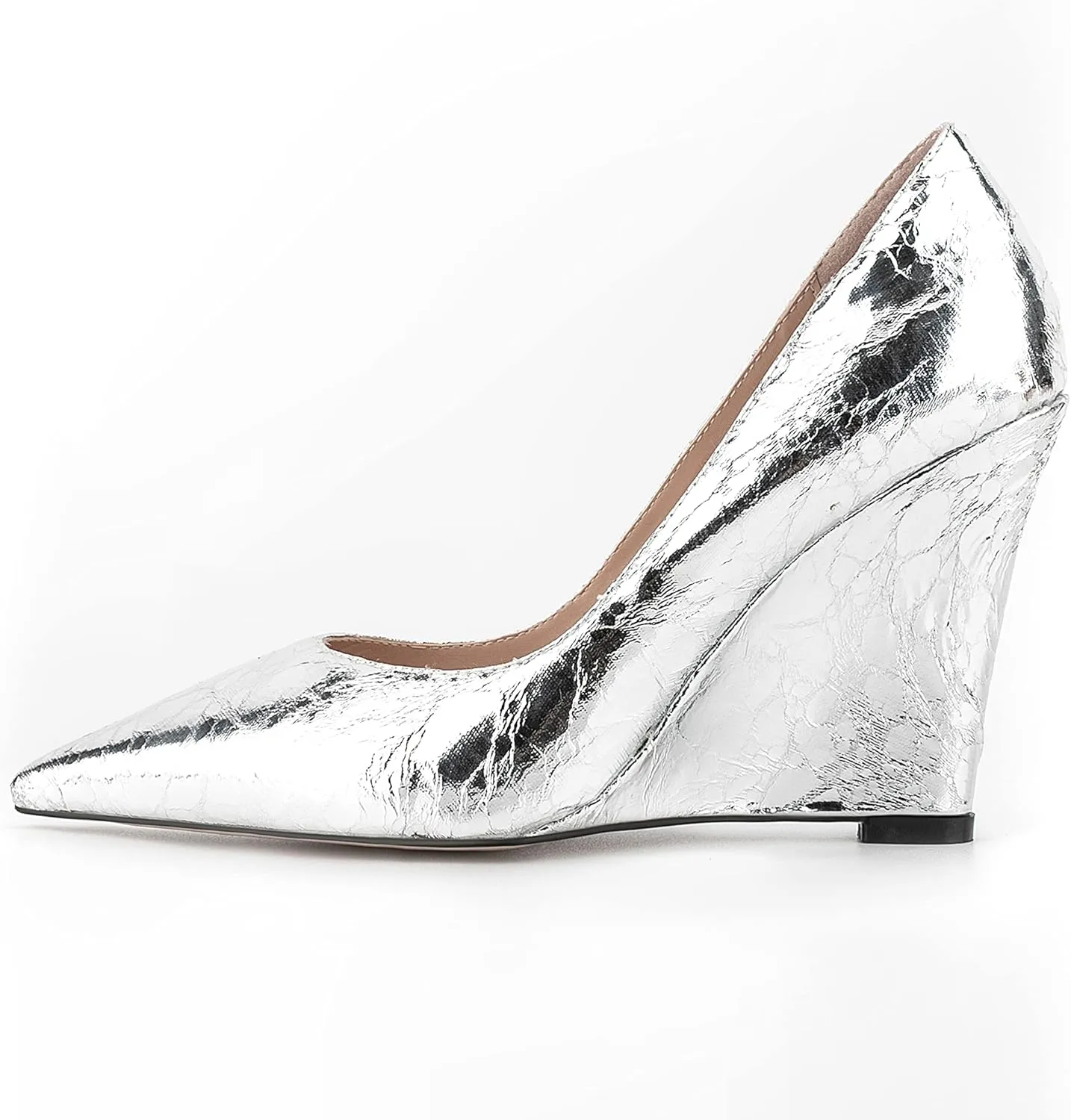 Women Shiny Patent Vegan Leather Wedge Shoes Pointed Slide Dress High Heel Shoes for Party