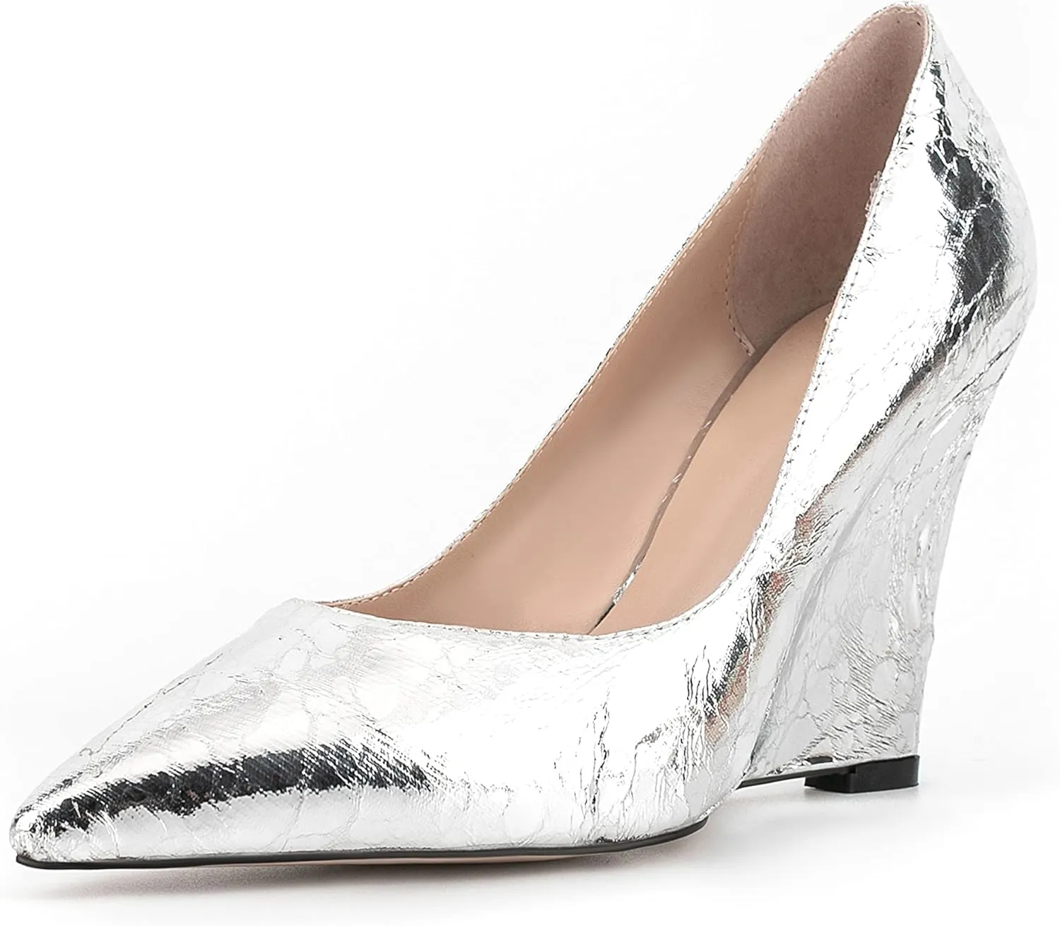 Women Shiny Patent Vegan Leather Wedge Shoes Pointed Slide Dress High Heel Shoes for Party