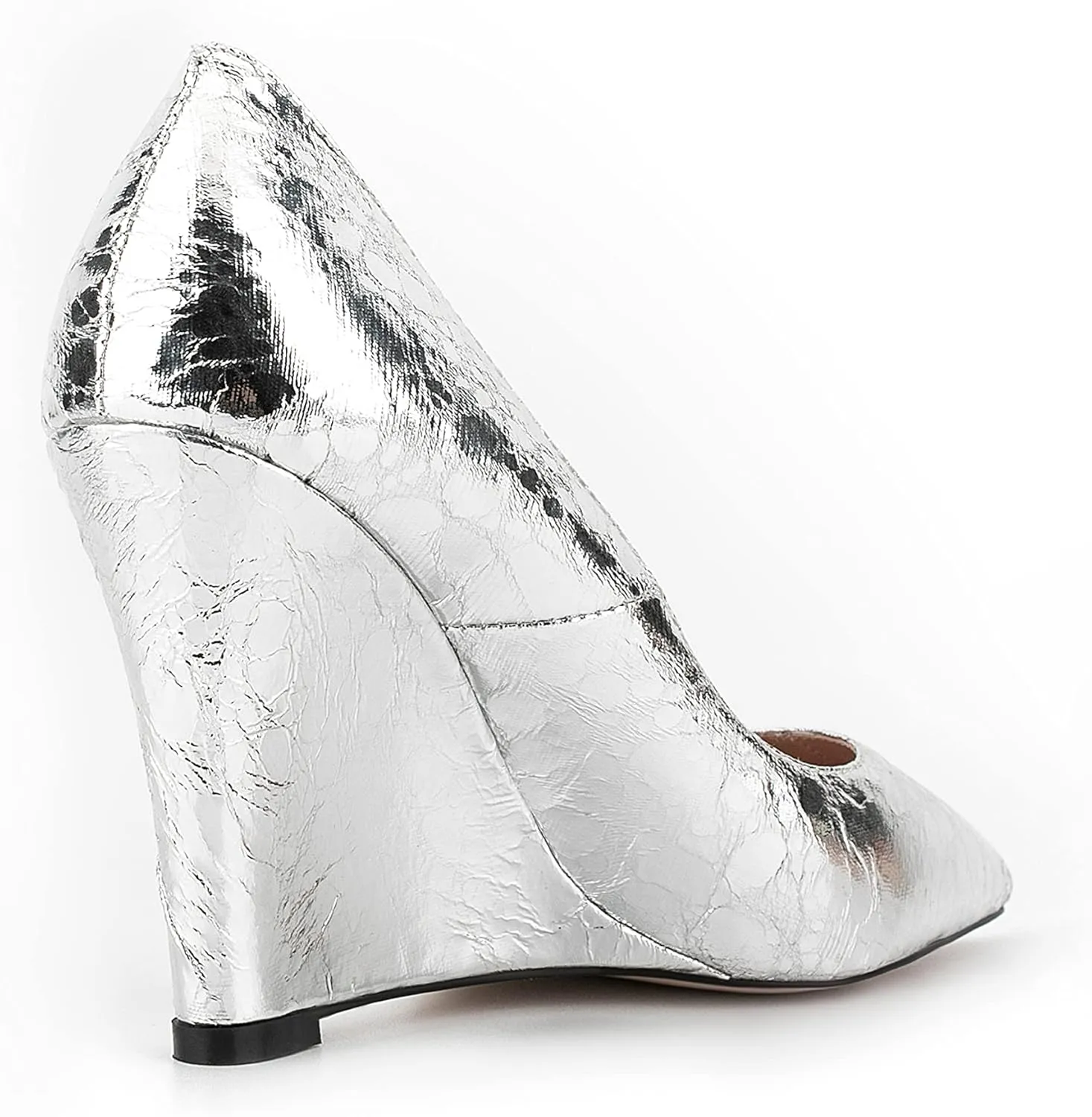 Women Shiny Patent Vegan Leather Wedge Shoes Pointed Slide Dress High Heel Shoes for Party