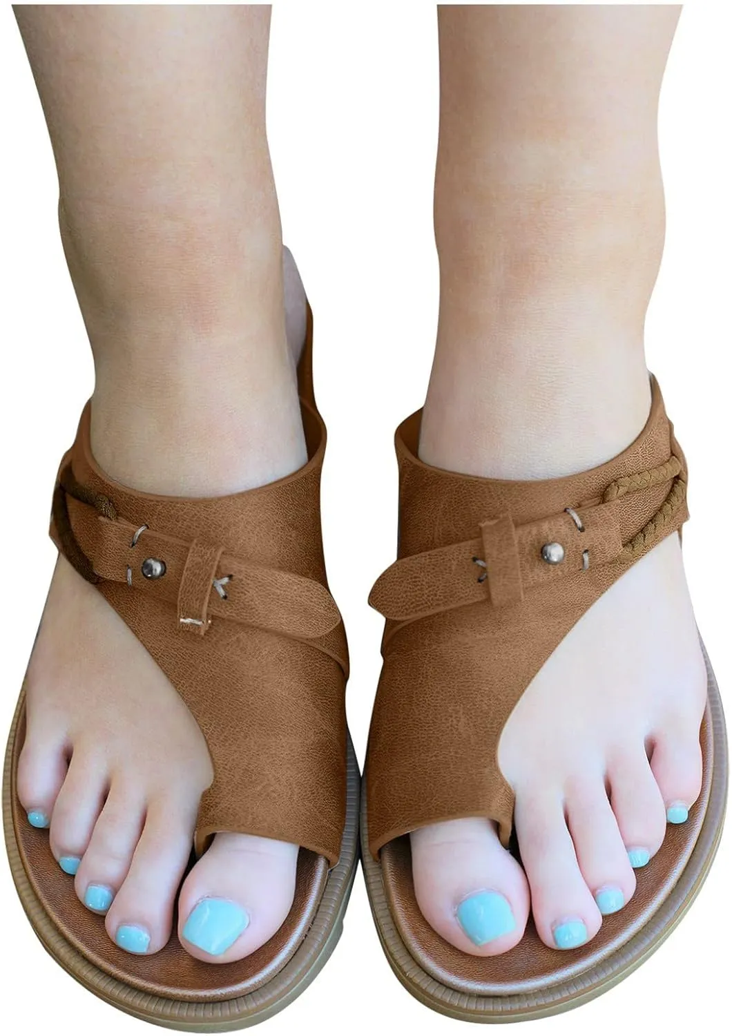 Womens Flat Sandals Summer Slides Dressy Comfortable Slip On Open Toe Beach Leather Memory Foam Adjustable Strap Support