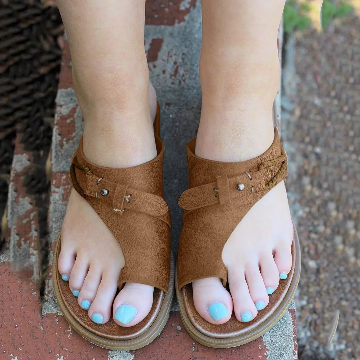 Womens Flat Sandals Summer Slides Dressy Comfortable Slip On Open Toe Beach Leather Memory Foam Adjustable Strap Support