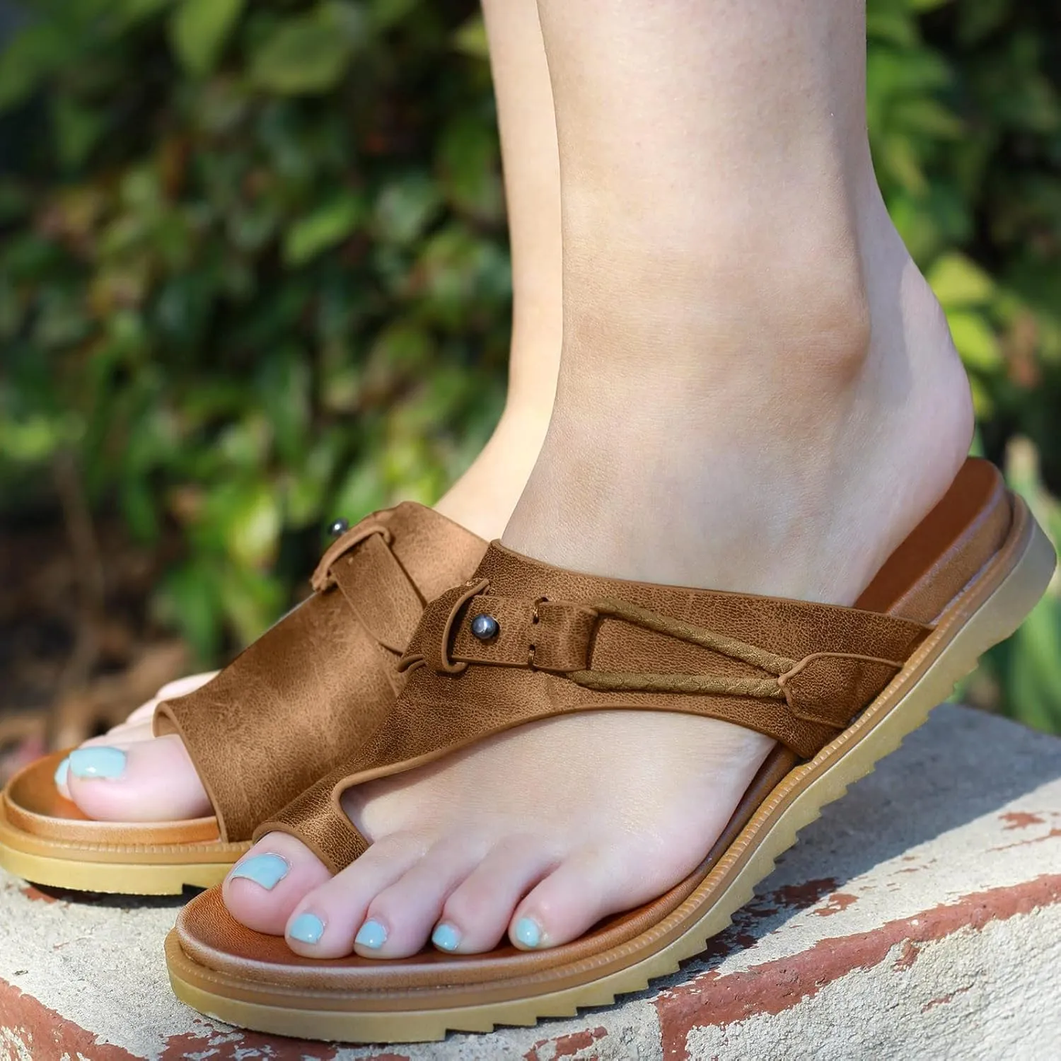 Womens Flat Sandals Summer Slides Dressy Comfortable Slip On Open Toe Beach Leather Memory Foam Adjustable Strap Support