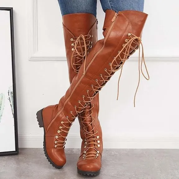 Women's Knee High Boots Victorian Lace Up Low Heel Boots Medieval Retro Combat Boots Fashion Chunky Heel Side Zipper Boots