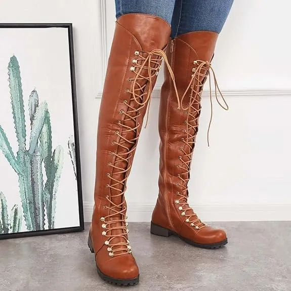 Women's Knee High Boots Victorian Lace Up Low Heel Boots Medieval Retro Combat Boots Fashion Chunky Heel Side Zipper Boots