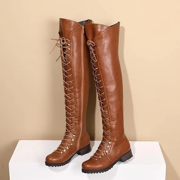 Women's Knee High Boots Victorian Lace Up Low Heel Boots Medieval Retro Combat Boots Fashion Chunky Heel Side Zipper Boots